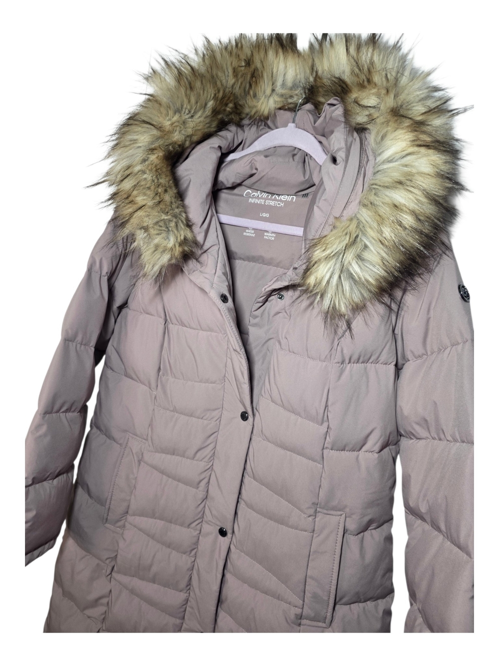 Calvin Klein Infinite Stretch Puffer Coat Hooded Mauve Pink L NWOT 0°F